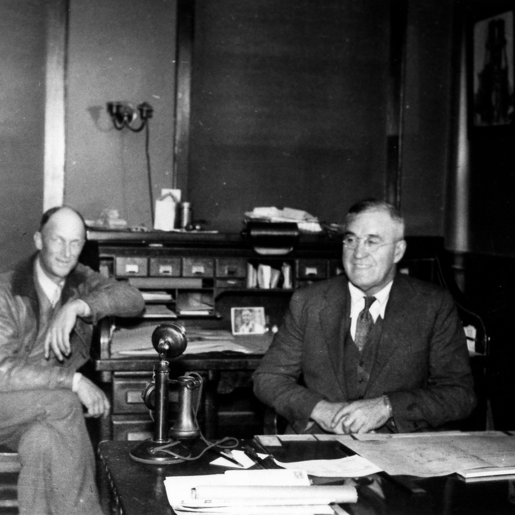 R. G. Smith, left, new manage of Natoma Company, and Lewis Hopfield, previous manager, ca. 1930