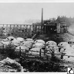 OI&SCo ng railroad trestle leading to furnace. Charcoal ovens in foreground.