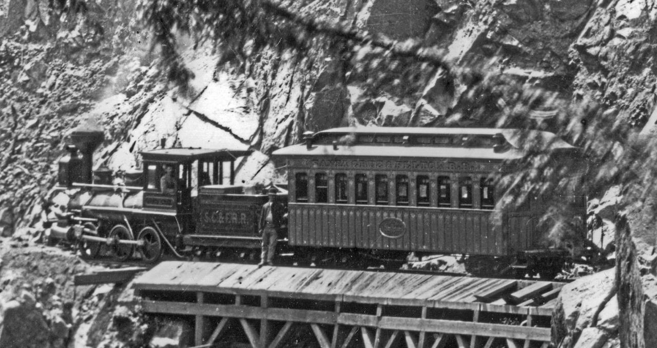 SC&F locomotive and smoker, ca 1878