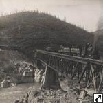 Mammoth Copper’s Porter #3 with a train crossing the Sacramento River Bridge.