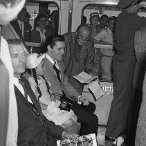 Elvis Presley on the monorail during the World's Fair, Seattle, September 1962