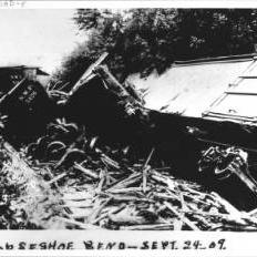 Train wreck in a cut near Horseshoe Bend on the Northwestern Pacific line, Occidental, California, 1909