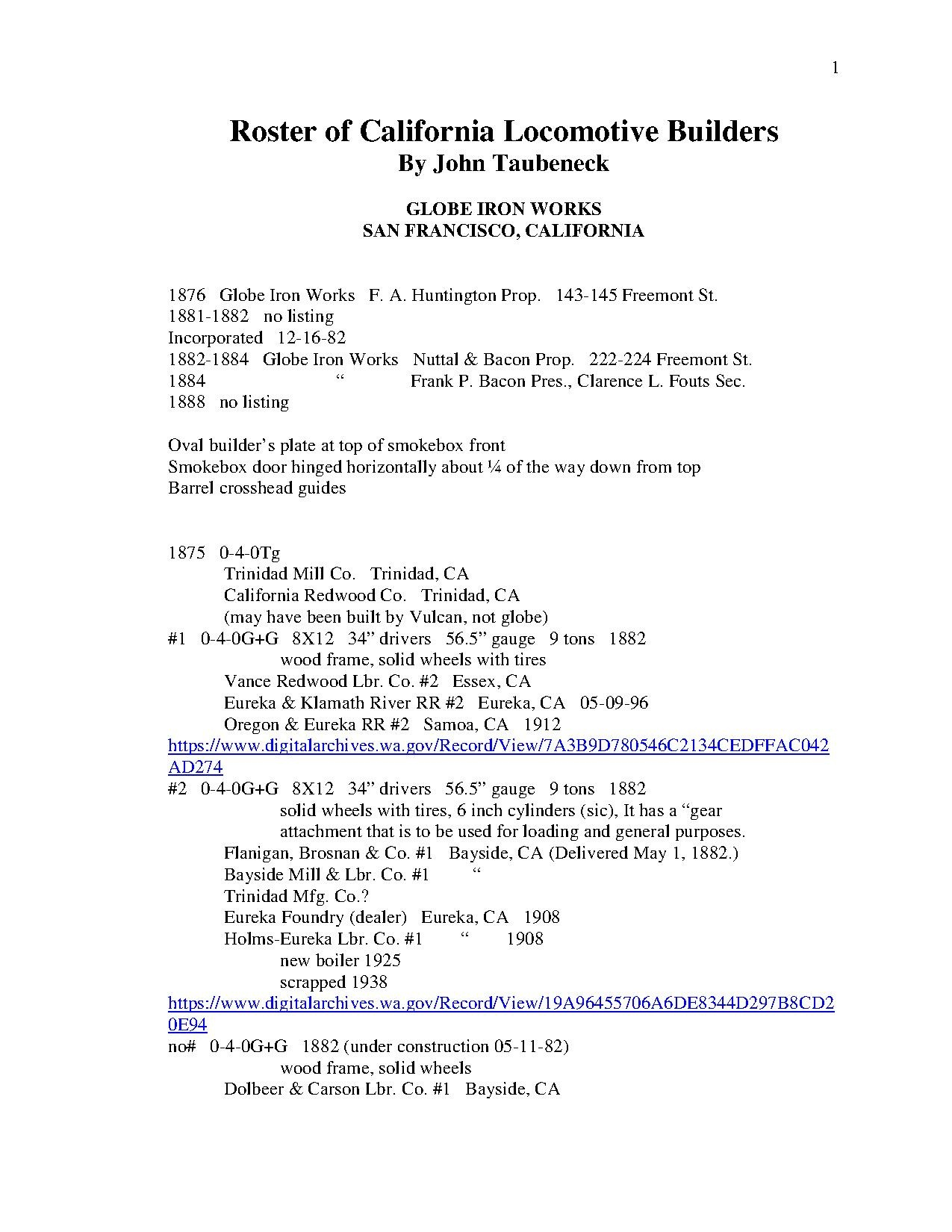 John A. Taubeneck's Roster of California Locomotive Builders