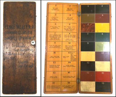 Lehigh Valley paint chip set showing the green used on Tiffany refrigerator cars, from the collection of the Railroad Museum of Pennsylvania.